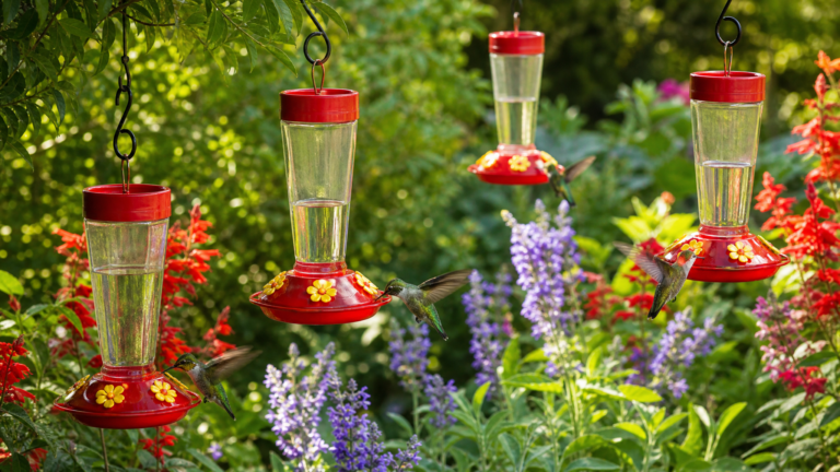 Oiseaux buvant le nectar des mangeoires pour colibris